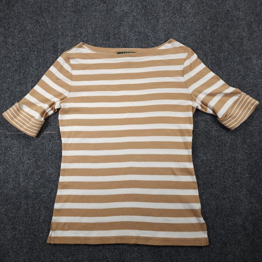 Lauren Ralph Lauren Striped Boatneck Flutter Sleeve Top Tan White M 100% Cotton